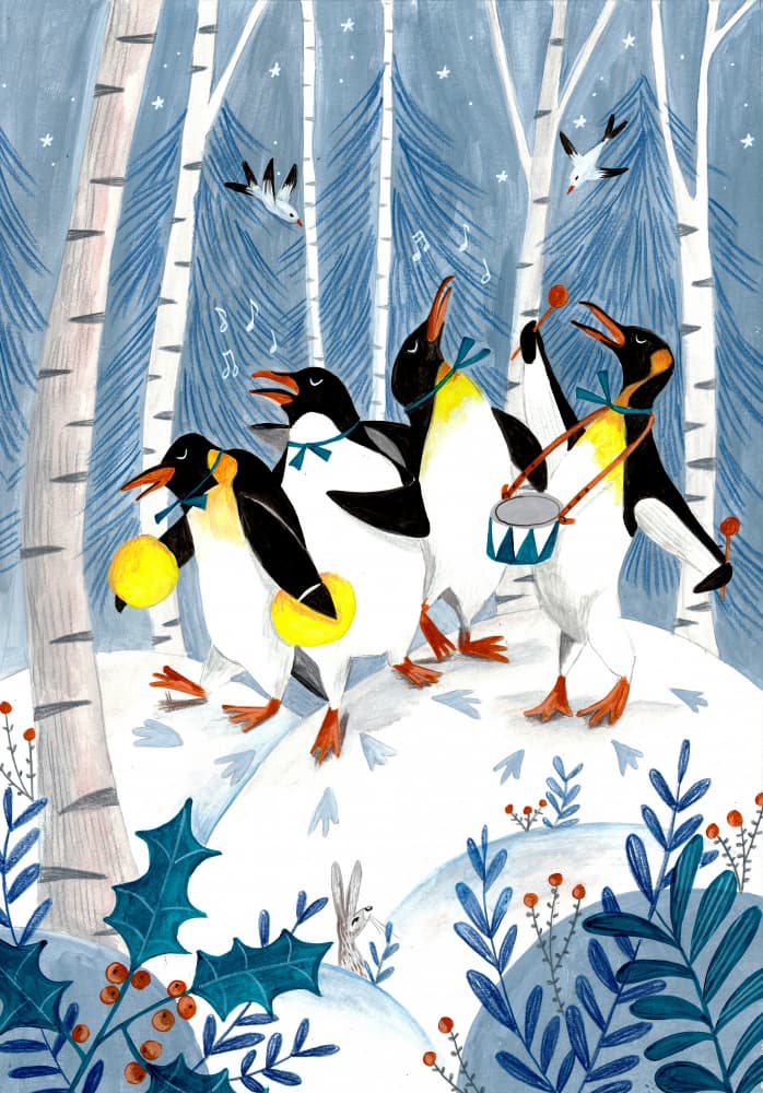 Penguins make music in the forest Christmas by Caroline Bonne Müller — canvas wall art