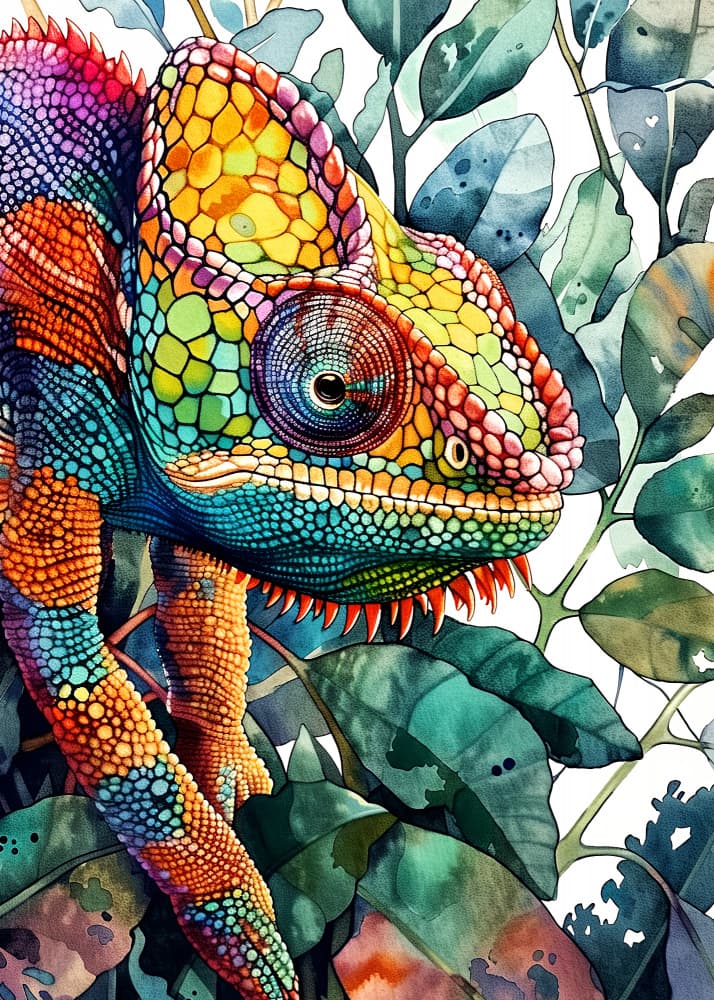 Colorful Chameleon Watercolor by Justyna Jaszke — canvas wall art