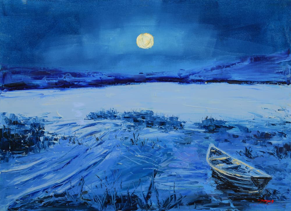 Blue Moonlit Lake Boat by Jukyong Park — canvas wall art