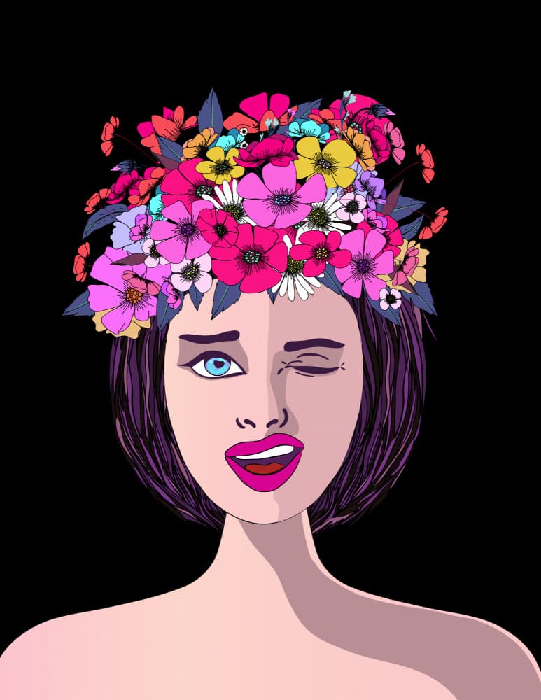 Playful Woman Floral Crown by Nicholas — canvas wall art