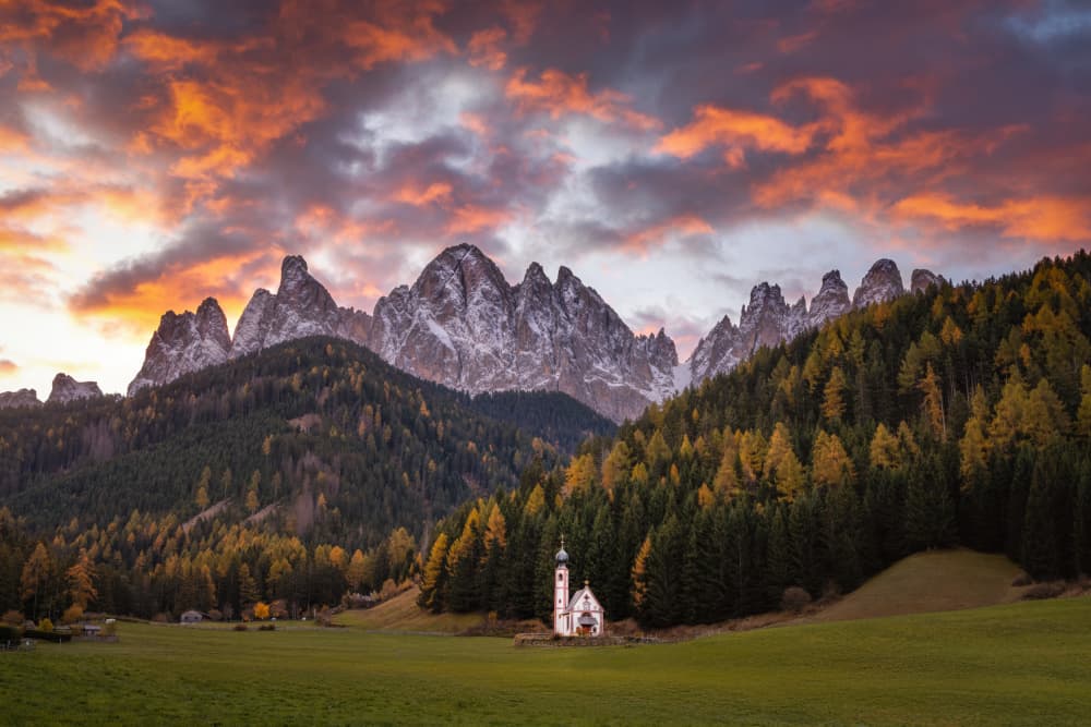 Dolomites Church Autumn Sunset by Li Ying — canvas wall art