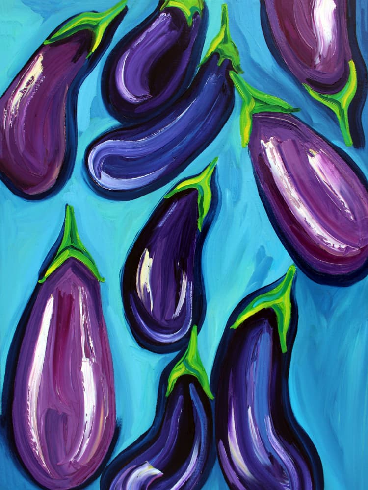 Vibrant Purple Eggplants by Alice Straker — canvas wall art