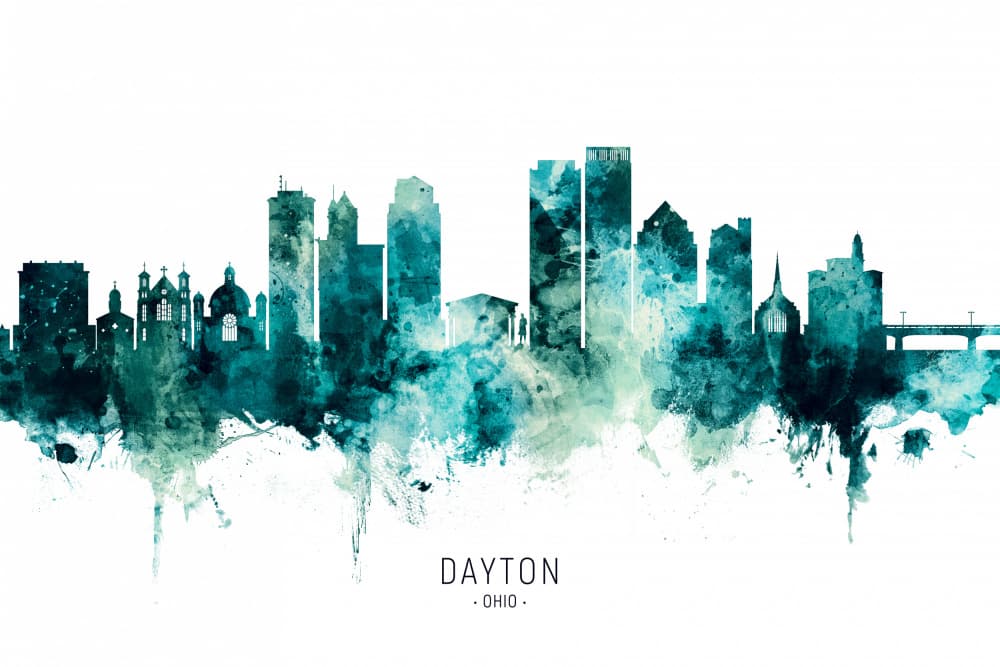 Dayton Ohio Skyline Watercolor by Michael Tompsett — canvas wall art