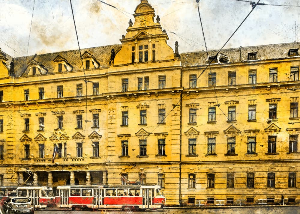 Old World City Trams by Justyna Jaszke — canvas wall art