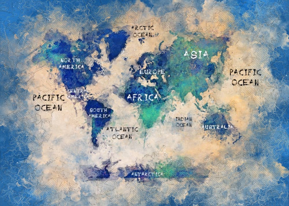 Watercolor World Map by Justyna Jaszke — canvas wall art