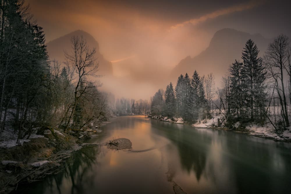 Misty Winter Mountain River by Hubert Bichler — canvas wall art