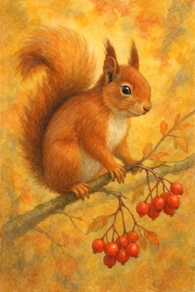 Red Squirrel Autumn Berries by Natalie Bruns — canvas wall art