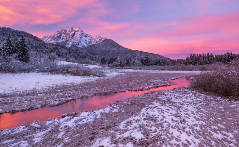 Pink Sky Mountain River by Ales Krivec — canvas wall art