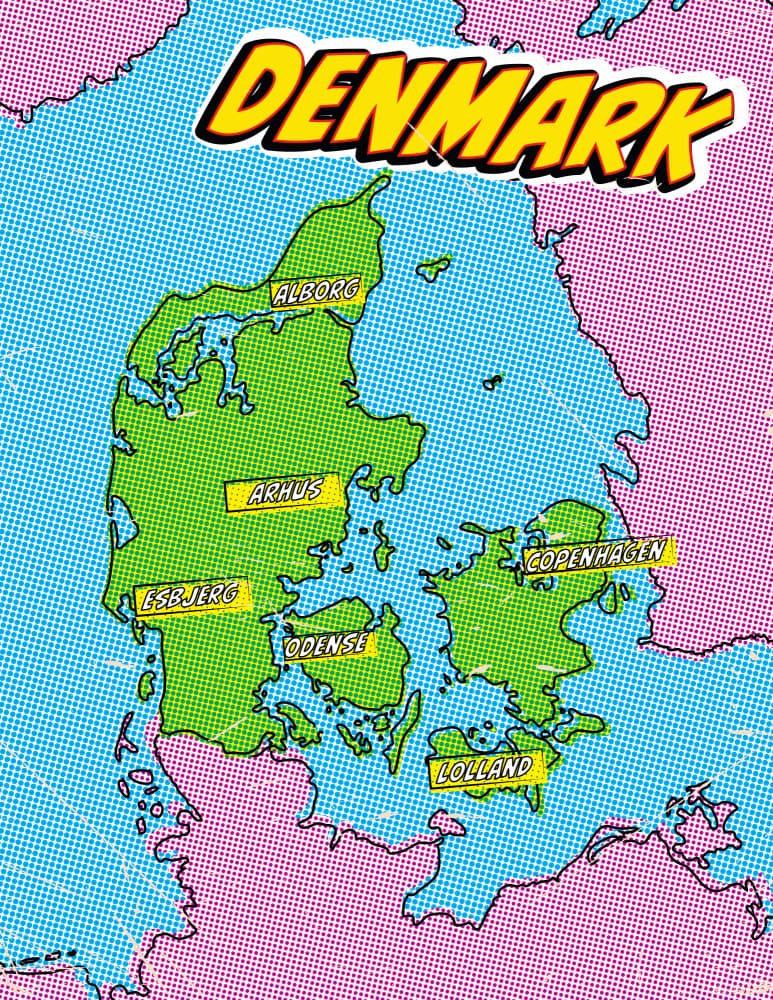 Vibrant Denmark Map by Nicholas — canvas wall art