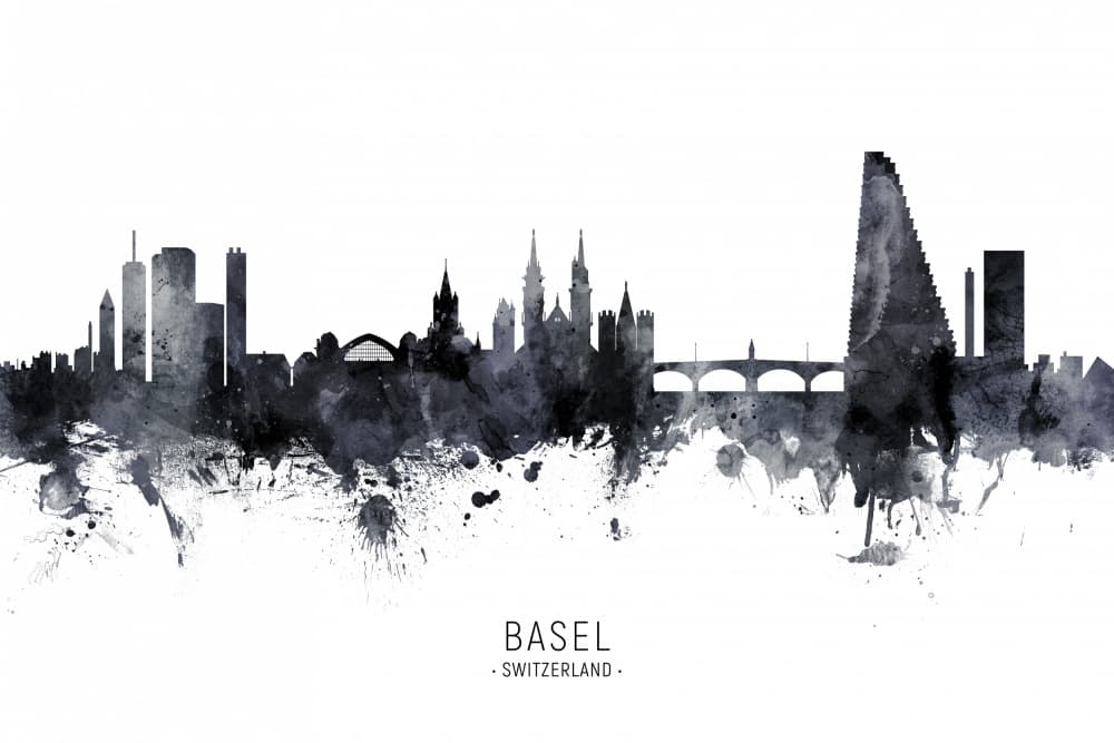 Basel Watercolor Skyline by Michael Tompsett — canvas wall art