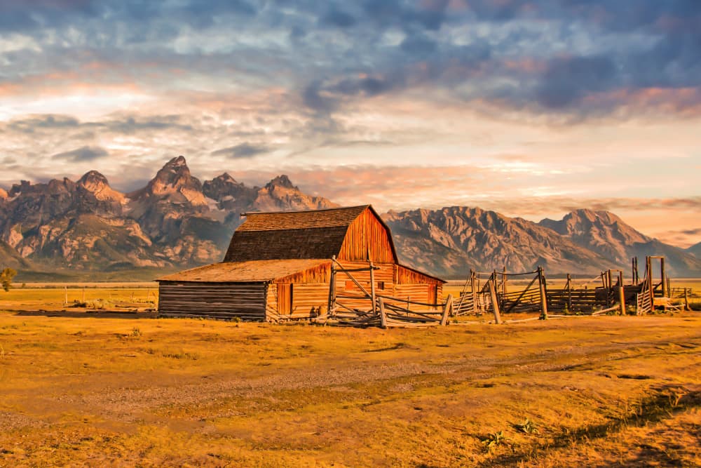 Rustic Barn Mountain Sunset by Jay Zhu — canvas wall art