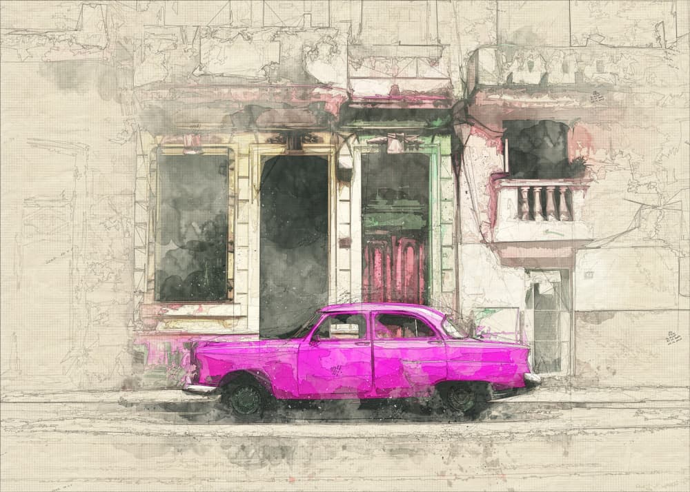 Pink Vintage Street Car by Lembayung senja studio [Vintage Poster] — canvas wall art