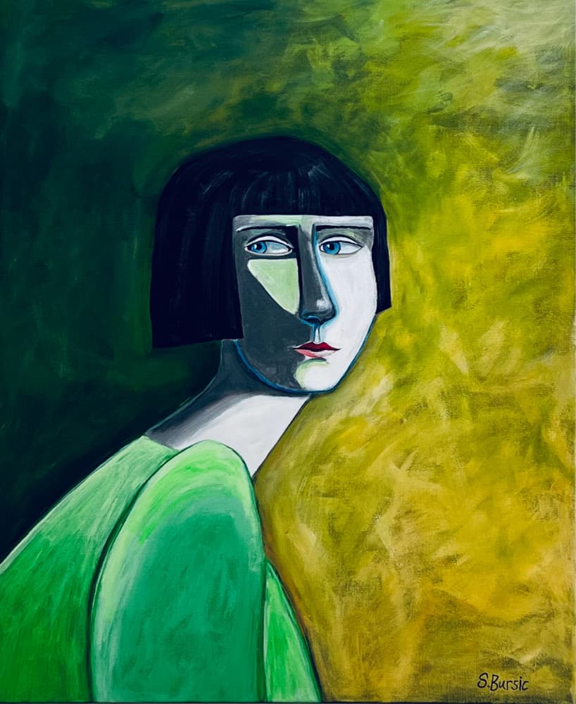 Pensive Woman in Green by Sharyn Bursic — canvas wall art