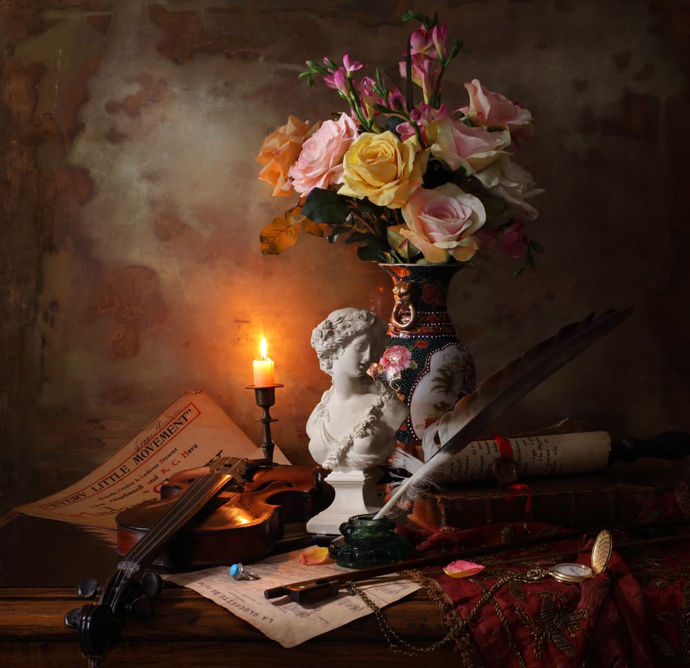 Candlelit Music Still Life by Andrey Morozov — canvas wall art