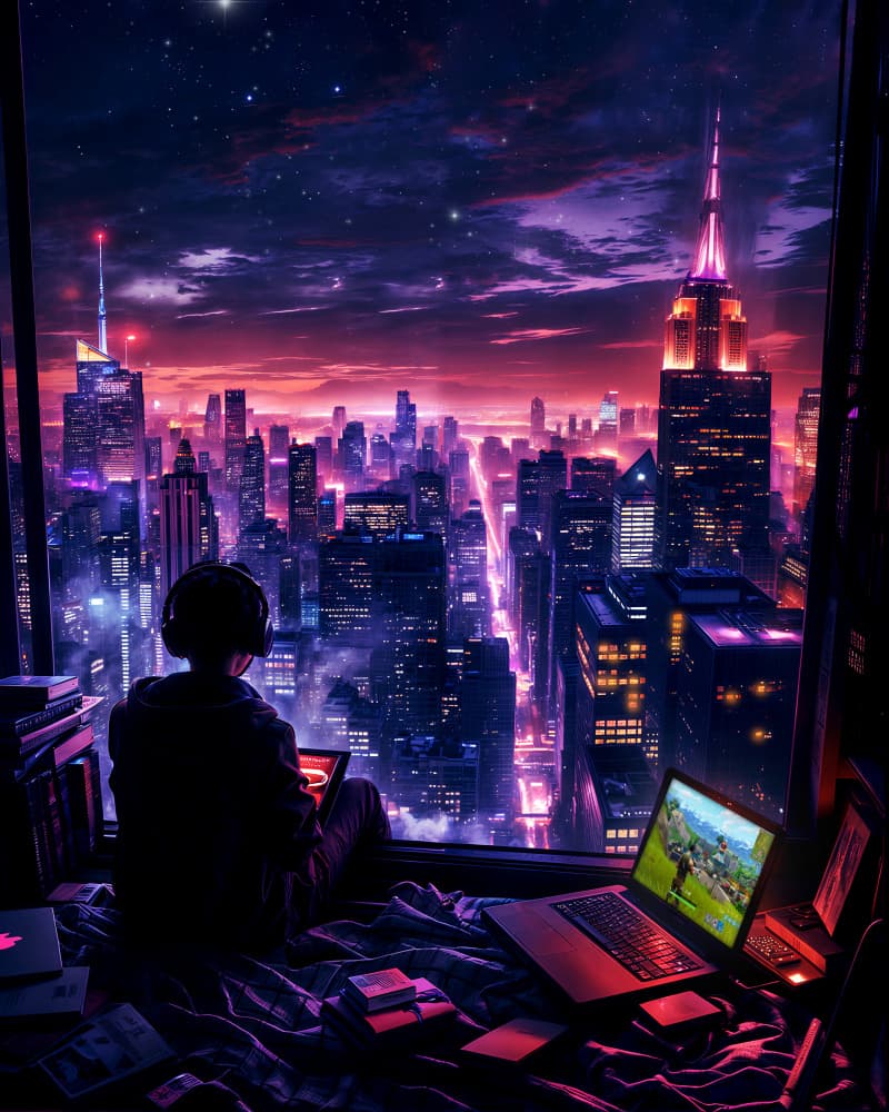 Gamer Overlooking Cyberpunk City by Ritvik takkar — canvas wall art
