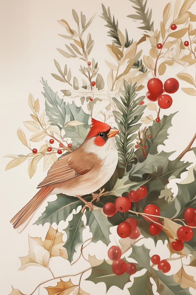 Winter Cardinal Holly by Melloi Art Prints — canvas wall art