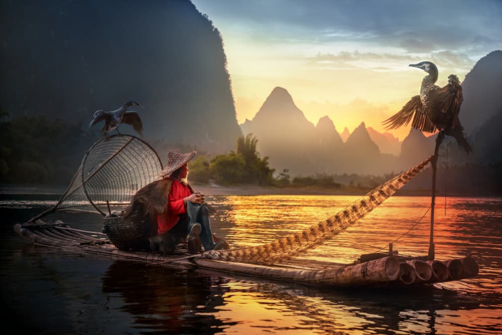Cormorant Fisherman Sunrise by Istvan Kadar — canvas wall art