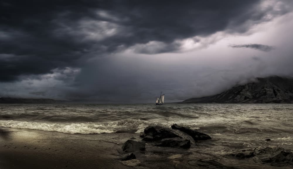 Lonely Sailboat Stormy Sea by Yvette Depaepe — canvas wall art