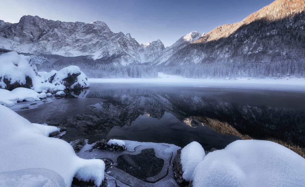 Misty Winter Mountain Lake by Ales Krivec — canvas wall art