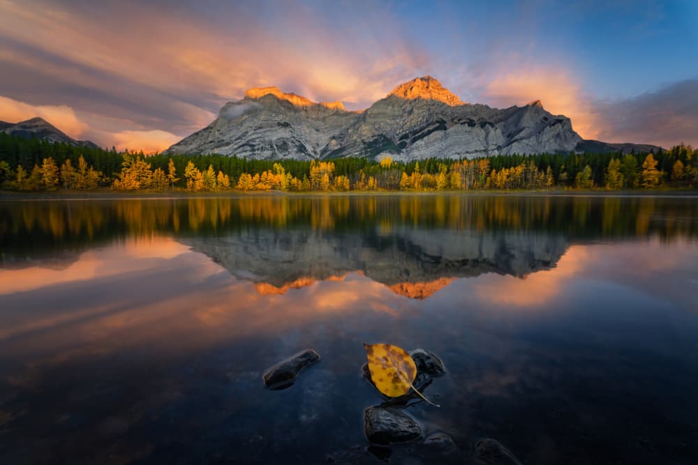 Golden Peaks Lake Reflection by Yongnan Li （李永男） — canvas wall art