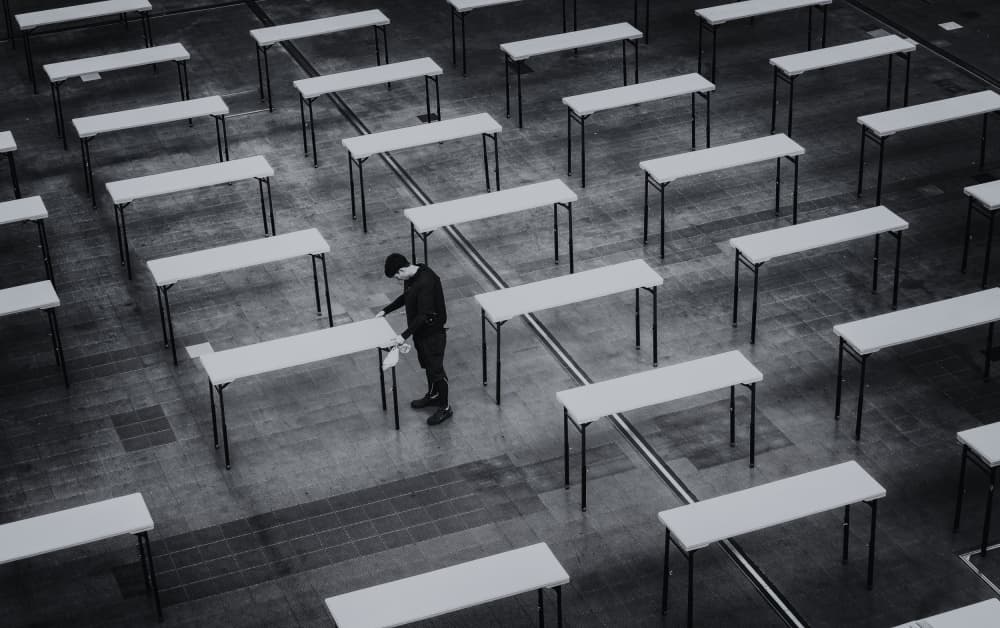 Man Amidst Tables by Haruyo Sakamoto — canvas wall art