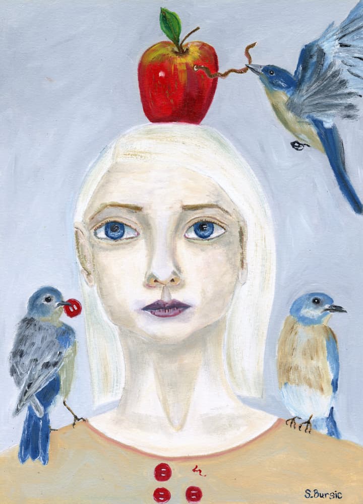 Girl With Bluebirds And Apple by Sharyn Bursic — canvas wall art