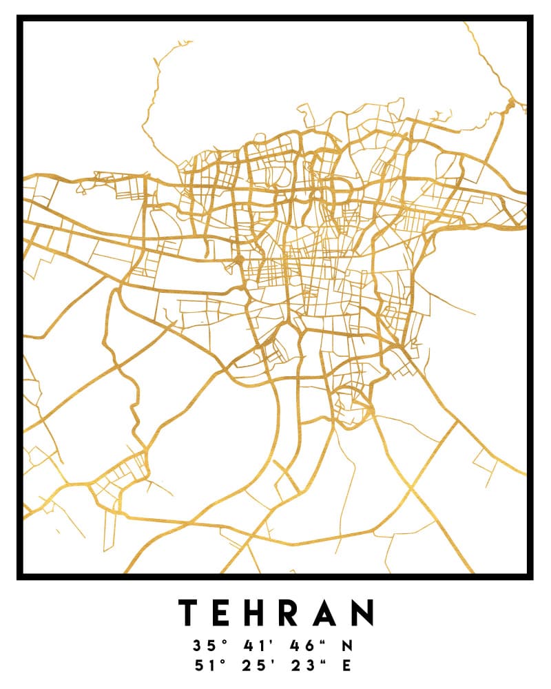 Golden Tehran City Map by Emiliano Deificus — canvas wall art