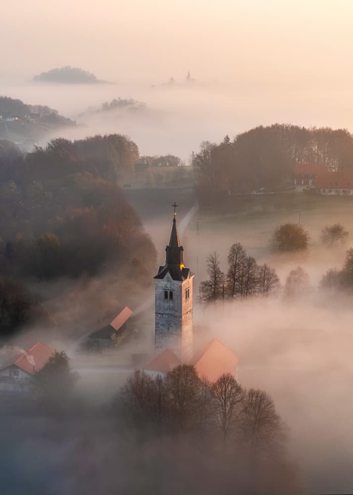 Misty Morning Church by Joško Šimic — canvas wall art