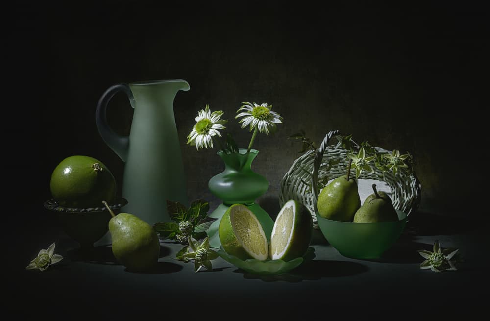 Elegant Green Still Life by Lydia Jacobs — canvas wall art