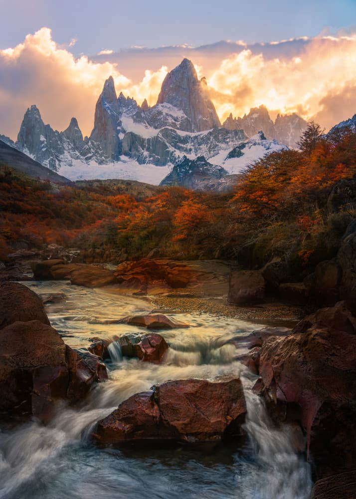 Patagonia Autumn River Peaks by Leah Xu — canvas wall art