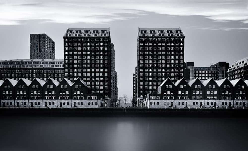 Monochrome City Waterfront Towers by Ercan Sahin — canvas wall art