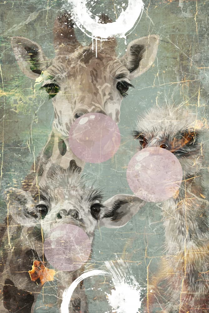 Whimsical giraffes and ostrich blowing pink bubblegum in a textured, vintage style 2 by Rafal Kulik — canvas wall art