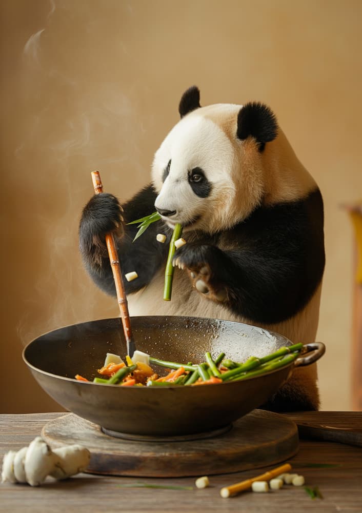 Panda Cooks Stir-Fry by Niky Rahner — canvas wall art