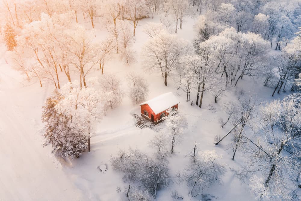 Red Cabin Winter Morning by Yuan Cui — canvas wall art