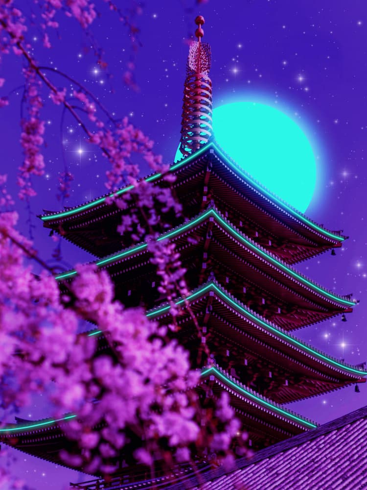 Neon Pagoda Cherry Moon by Ritvik takkar — canvas wall art