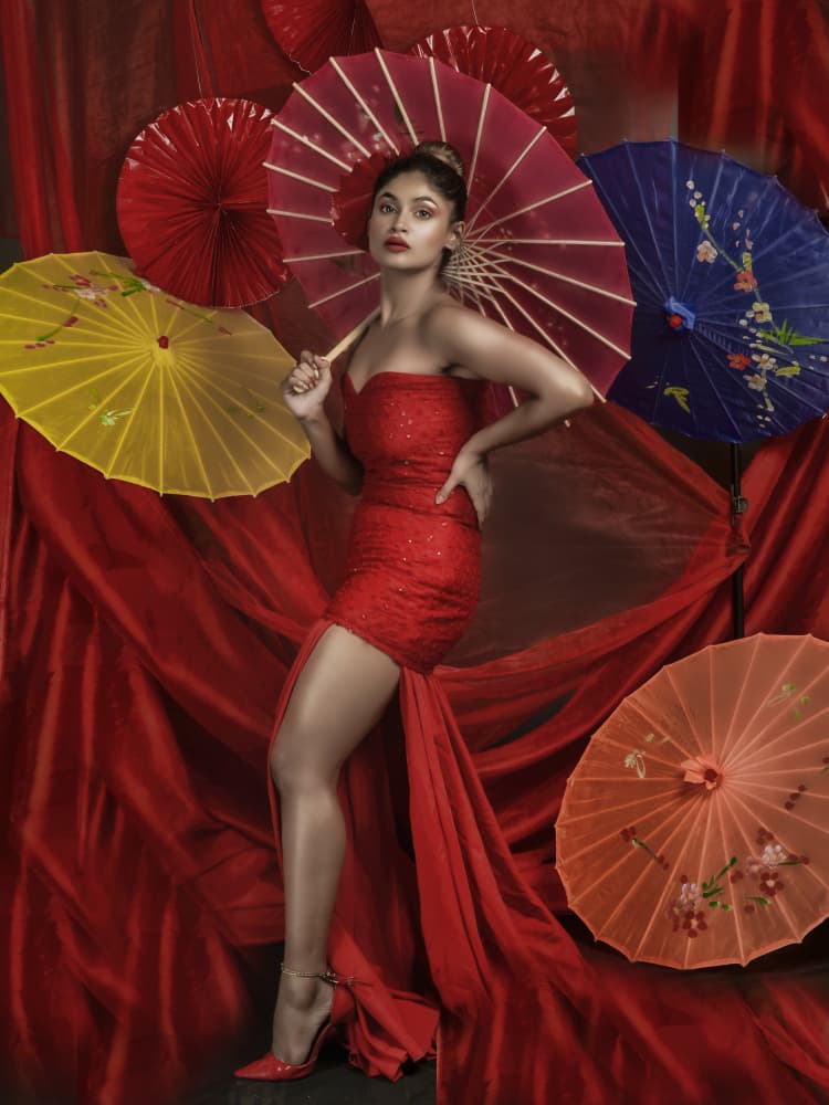 Elegant Woman Red Parasols by PARTHA BHATTACHARYYA — canvas wall art