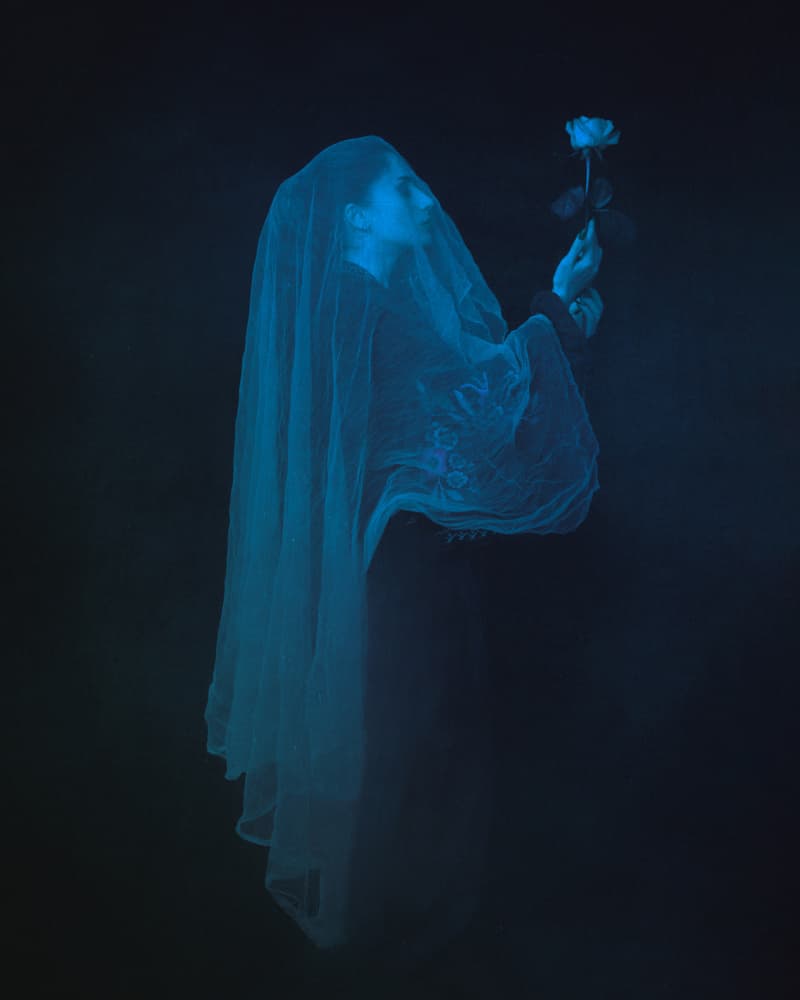 Veiled Woman Blue Rose by Mehdi Mokhtari — canvas wall art