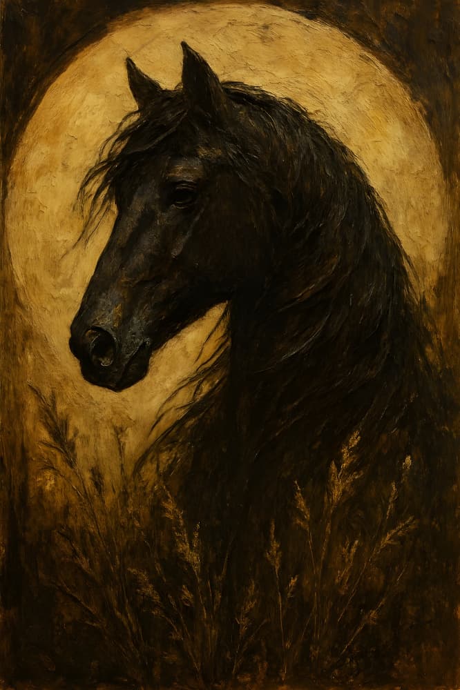 Black Horse Golden Moon by HUGO — canvas wall art