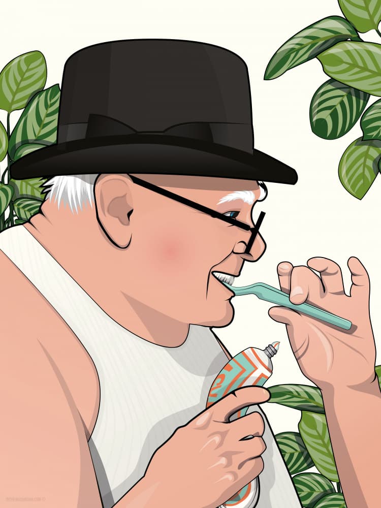 Happy Man Brushing Teeth by In The Washroom — canvas wall art