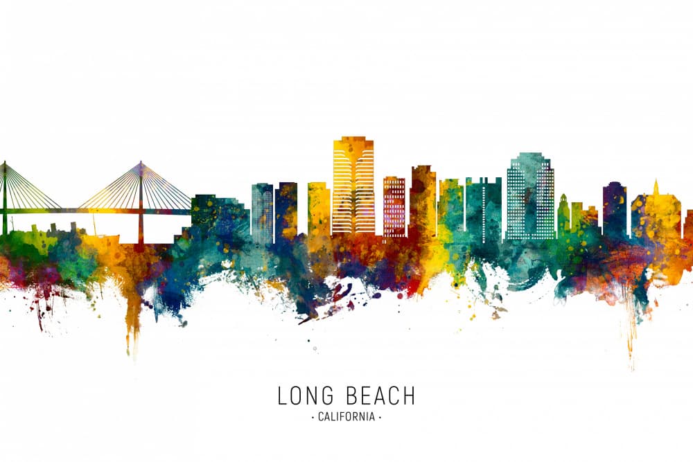 Colorful Long Beach Skyline by Michael Tompsett — canvas wall art