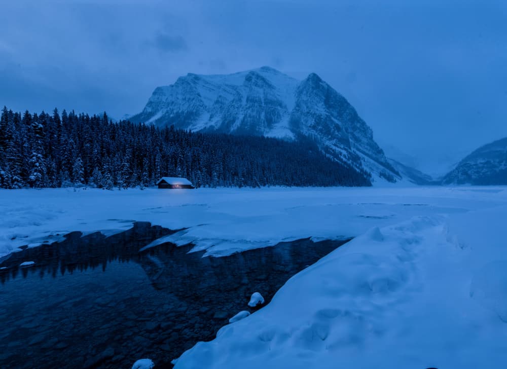 Cozy Winter Lake Cabin by NanZ — canvas wall art