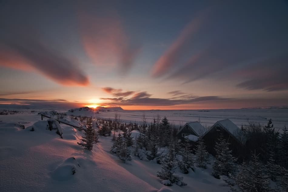 Cabins Under Winter Sunset by Bragi Ingibergsson - BRIN — canvas wall art