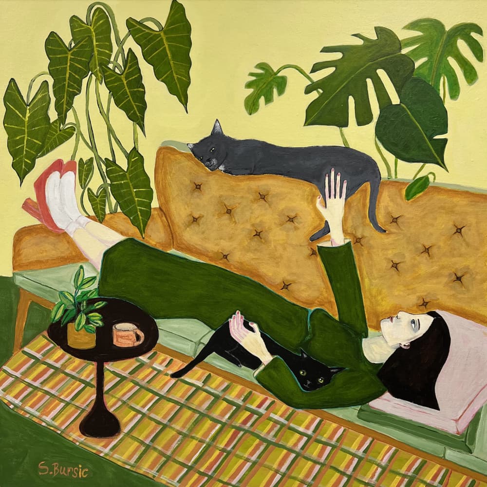 Relaxed Woman With Cats by Sharyn Bursic — canvas wall art