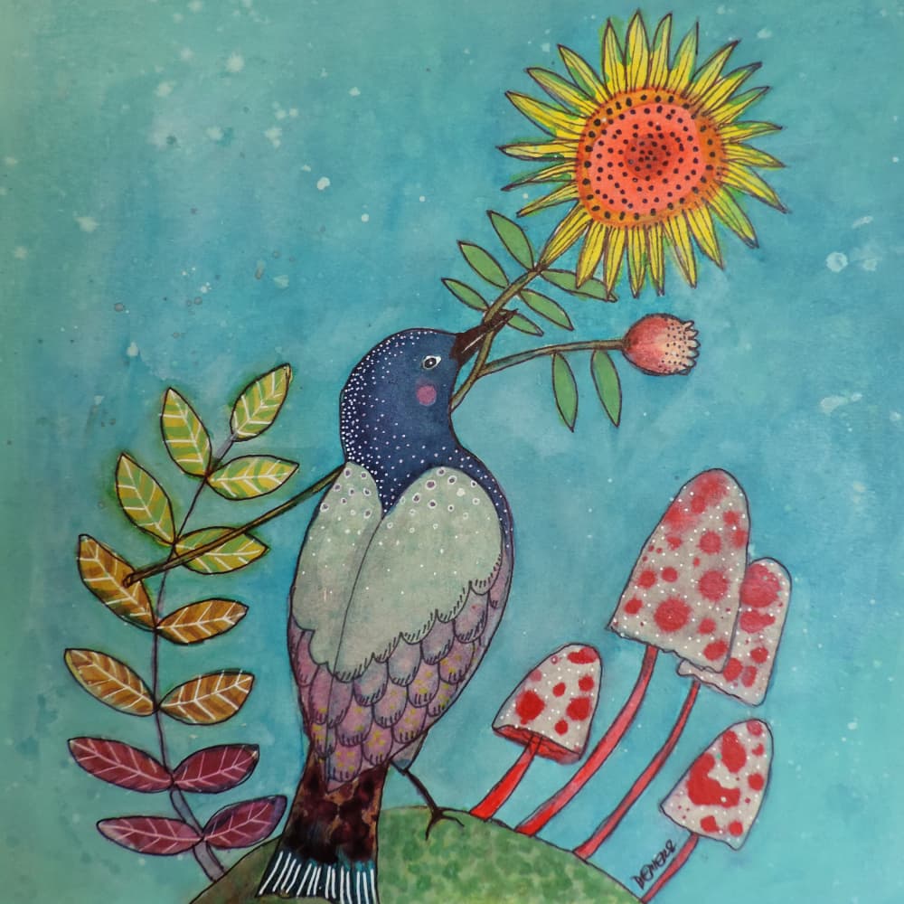 Whimsical Bird And Sunflower by Sylvie Demers — canvas wall art