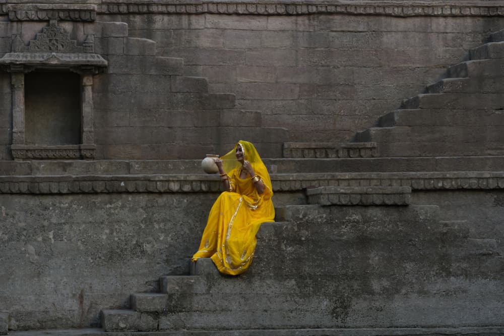 Yellow Saree at Stepwell by SAMIR KUMAR SAMANTA — canvas wall art