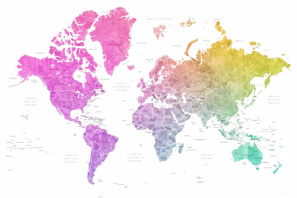 Colorful Watercolor World Map by Rosana Laiz Blursbyai — canvas wall art