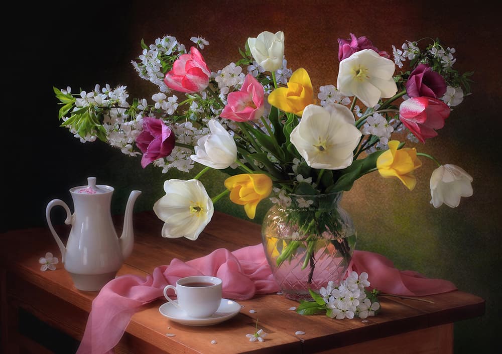 Spring Tulips and Tea by Tatyana Skorokhod — canvas wall art