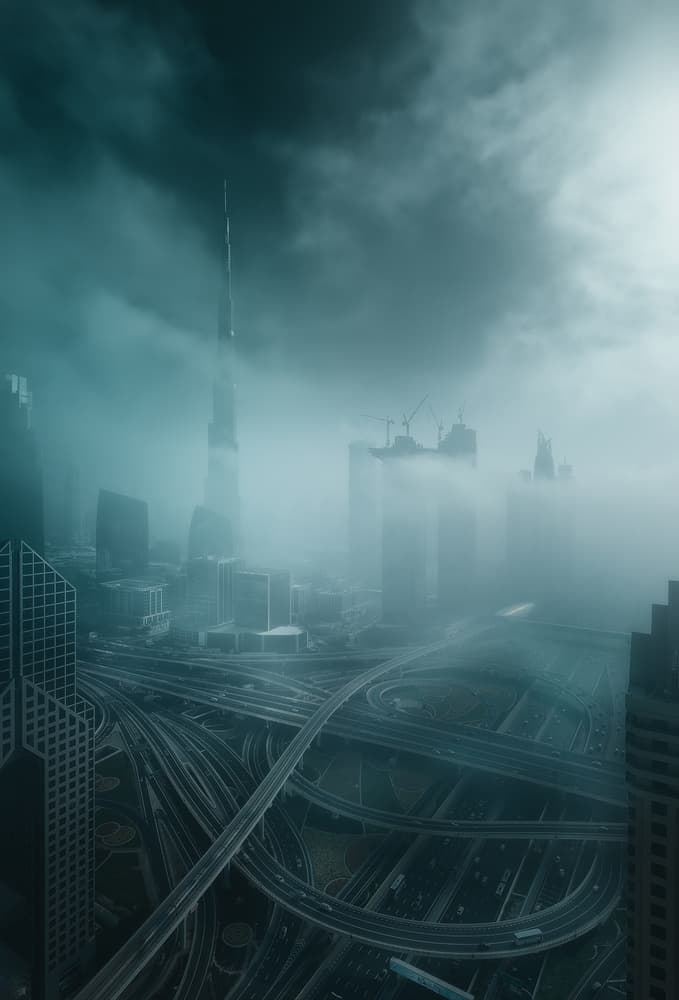 Foggy Dubai Skyline by Javier de la Torre — canvas wall art
