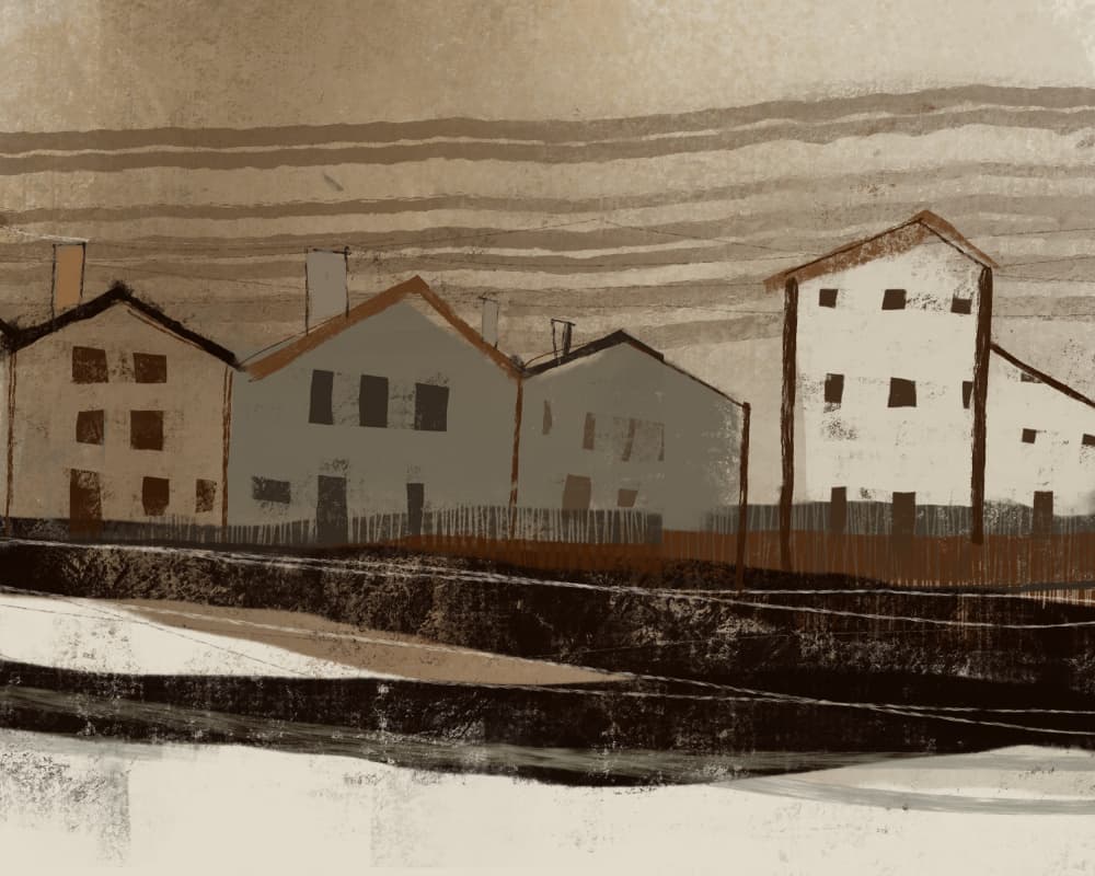 Rustic Hillside Village by MANSI SAXENA — canvas wall art