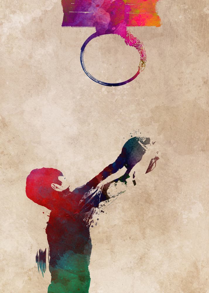 Watercolor Basketball Action by Justyna Jaszke — canvas wall art